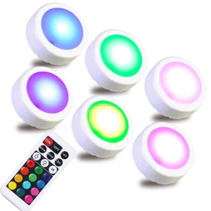6pack RGB LED Puck Lights with Remote Control Battery Operated Push Light Closet Wall Cabinet Stick