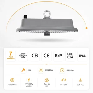 7 Year Warranty 100 200W 200lm W Liteon 5050 PC Lens IP66 IK08 4000K 6500K 60 90 Degree UFO LED High Bay Light