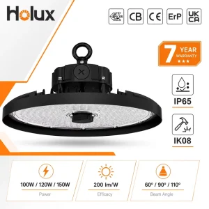 7 Year Warranty 200 Lm/W 5000K 5050 LED PC Lens IP65 IK08 100W 120W 150W Warehouse Industrial UFO LED High Bay Light