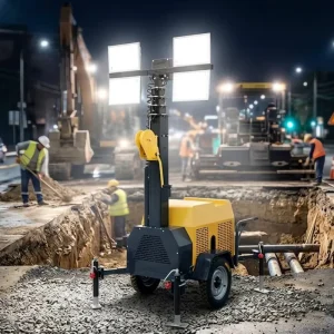 7m High Mobile Hydraulic Lighting Towers Hand Propelled Lighting Vehicle with LED Light Industrial DC Supply
