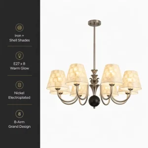 8-Light Nickel Chandelier with Iridescent Shell Shades Grand 8-Arm Ceiling Pendant for Dining Hall and Hotel Lobby