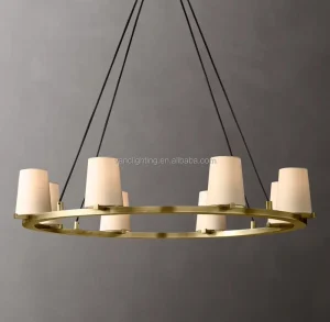 8 Lights Round Brass Pendant Light with Cup Fabric Modern Chandelier for High Ceiling Living Room Dining Area Villa