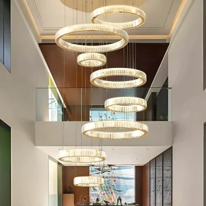 8 Tiered Modern Foyer Hotel Lobby Luxury Gold K9 Crystal Oversized Round Ring Spiral Chandelier for Villa Living Room Staircases