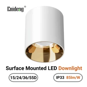 85lm/W Cylindrical Surface Mounted LED Downlight IP33 Aluminum Ceiling Spotlight 15D 24D 36D 55D Indoor Commercial Fixture