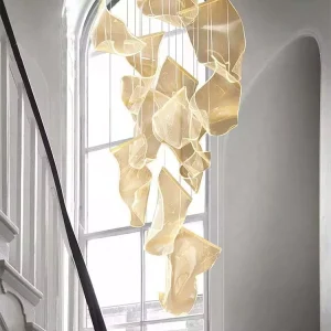 Acrylic Adjustable Height Gold Luxury LED Ceiling Pendant Lights for Staircase Home Villa Hanging Creative Hollow Chandeliers