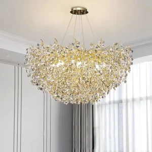 Adjustable Height Modern Gold Crystal Light Pendant Lamp Luxury Chandelier for Hotel Living Room Restaurant Decor