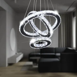 Adjustable Height Modern LED K9 Crystal Chandelier Multi Color 3 Ring Pendant Light for Home Decor