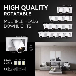 Adjustable Multi-Head Recessed Spotlight Rotatable Grille Spotlight Downlight with 1/2/3/4/5 Heads