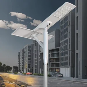 All In One High Efficiency LED Street Light 4G Wi Fi Camera IP65 Waterproof LiFePO4 Battery Dual Solar Panels 40 75W 75×140