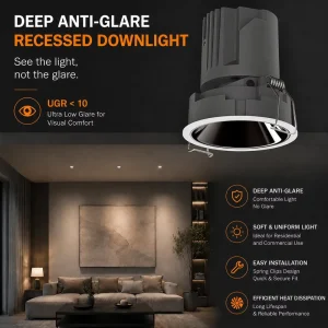 All Metal Commercial COB Recessed Spotlight 5W 20W Dimmable Anti Glare Indoor Ceiling Downlight CRI90+ 3000K Warm White Hotel