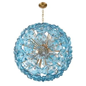 Amber Murano Glass Flower Ball Chandelier Stainless Steel Frame Middle LED Adjustable Height Pendant Light for Living Room