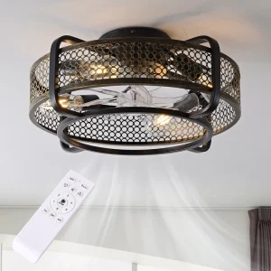 American Caged Ceiling Fan Light Remote Control Dining Room Bedroom Black Finish Fan Lamp with Reversible 6 Speeds
