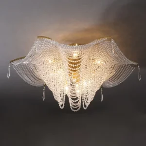 American Crystal Ceiling Light French Style Gold Metal Frame Pendant Chandelier for Living Room Dining Room Villa