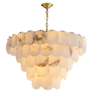 American Luxury Modern Art Deco All-Copper Gold Finish Adjustable Height Hanging Chandelier Marble Pendant Light