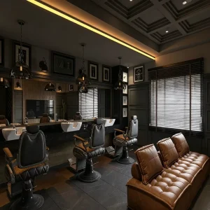 American Retro Industrial-style Men’s Barbershop Featuring Barber Chairs and Leather Sofas in the Interior Design