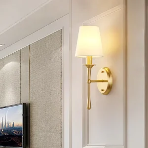 American style All copper LED Wall Lamp Three color Dimming Minimalist Rustic Fabric Shade for Living Room Staircase Hallway