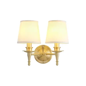 Antique Gold Brass Double Wall Sconce with White Fabric Lampshades Wall Mounted Lamp for Vanity Bedside Hallway Bathroom