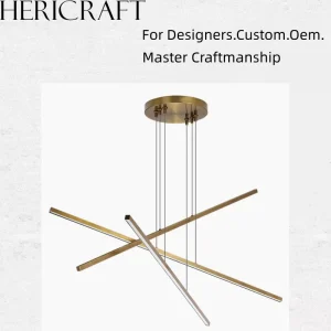 Architectural Sculptural 3 Intersecting Linear Bar LED Chandelier Brushed Brass Adjustable Pendant for Luxury Villa Great Room