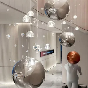 Art Deco Adjustable Height LED Glass Ball Pendant Light Customizable Modern Luxury Chandelier for Hotel Villa Living Room