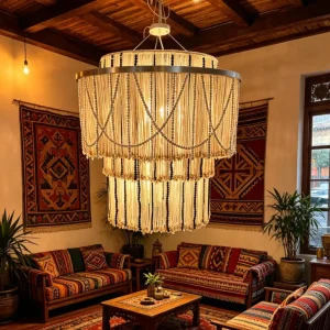 Artisanal Handcrafted Macrame Organic LED Pendant Light Modern Beaded Chandelier Luxury Coastal Lighting Middle Size Villa Hotel