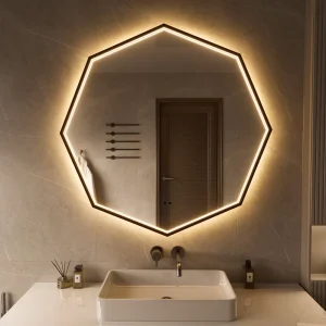 Artistic Octagon LED Backlit Bathroom Vanity Mirror Antifog Defogging Wall Mounted Black Frame