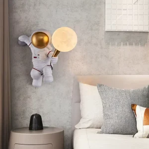 Astronaut Themed LED Wall Lamp Moon Shaped Decorative Light for Kids Custom Dimensions in Resin