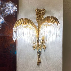 Baroque Antique Brass Palm Leaf Wall Light Home Living Room Decorative Wall Sconce Classic K9 Crystal Wall Lamp