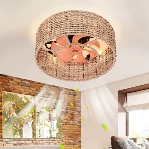 Bedroom Farmhouse Home Villa ABS Rattan LED Ceiling Light with Remote Control