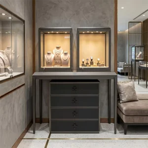 Bespoke LED Lighted Watch Showcase Display Premium Dark Metal Table Watch Glass Counter for Luxury Commercial Showroom