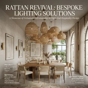 Bespoke Rattan Cluster Lighting Custom Woven Chandelier for Resort Villa Dining Room Hospitality Project