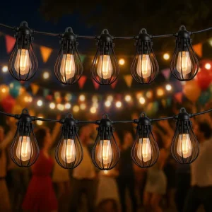 Bistro Cafe Commercial Outdoor String Lights LED Edison Bulb with Cage Waterproof Hanging Festoon Lights for Restaurant