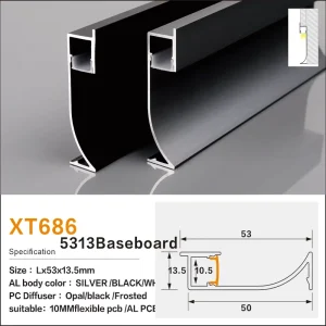 Black Anodized Aluminum Baseboard Light Profile 2M Length with Milky Diffuser Corner Connector Available for Wall Light
