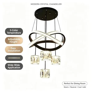 Black Crystal LED Pendant Lamp 3 Color Temp Adjustable Height Ceiling Chandelier for Restaurant Foyer Stairwell
