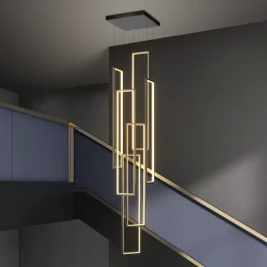 Black Gold Modern LED Pendant Light Geometric Hanging Lamp for High Ceiling Staircase Large Acrylic Chandelier