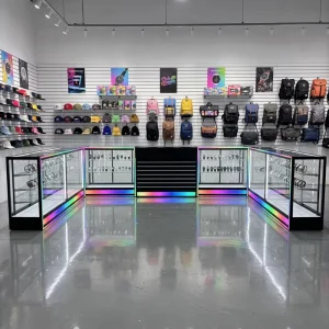 Black RGB LED Lighted Slatwall Reception Counter Modern Retail Checkout Desk for Store Boutique