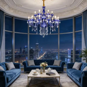 Blue Chandelier Mediterranean Style Crystal Chandelier for Living Room Restaurant Villa Pendant Lamp
