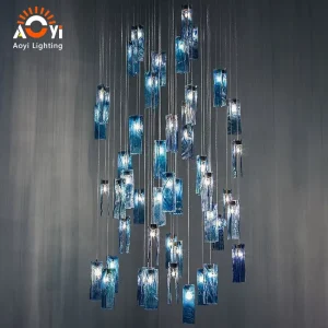 Blue Textured Rectangular Glass Chandelier for High Ceiling Staircase and Hotel Lobby Water Ripple Art Glass Suspension Light