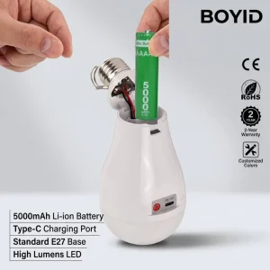 Boyid E27 20W Portable Rechargeable LED Emergency Bulb IP65 Rated Removable Dual Battery 3-5 Hours Cold White Home Outdoor