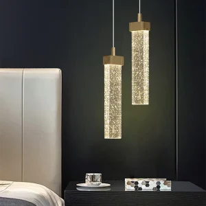 Brushed Gold Crushed Ice Bubble Glass Cylinder Cluster Pendant Light for High Ceiling Staircase Foyer Lobby