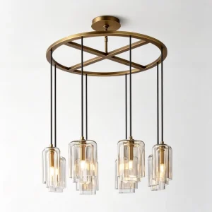 Burnished Brass Round 8-Light Chandelier Double Clear Glass Shade Modern Pendant Light for Dining Room Living Room Lighting