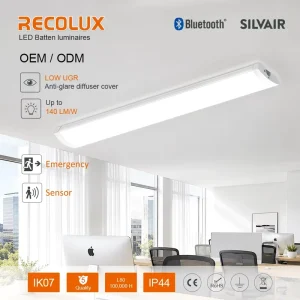 CE RoHS Certified Low Glare UGR<19 IP44 LED Batten Light CCT Switchable Linear Luminaire 5-Year Warranty for Office Corridor