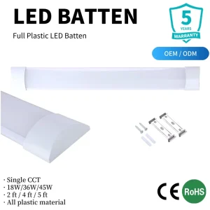 CE RoHS Ultra Thin LED Batten Light 2ft 4ft 5ft 18W 36W 45W Full Plastic IP20 Purification Lamp Factory OEM ODM