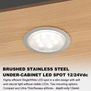 Cabinet LED Spot Light Brushed Finish Stainless Steel High Efficient LEDs Ra 90 130lm W UV Resistant Plastic Shade IP44 Recess