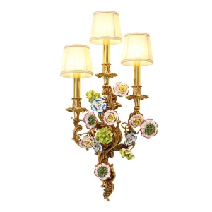 Ceramic Flower French Brass LED Wall Lamp Art Decorative Hotel Villa Living Room Luxury Copper Wall Lamps Home Decor Dimmable