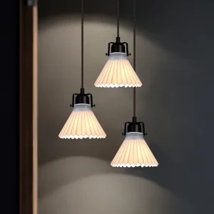 Ceramic Modern Nordic Small Round Shade Hanging Chandelier Pendant Light with Wireless Control for Living Room Warm White