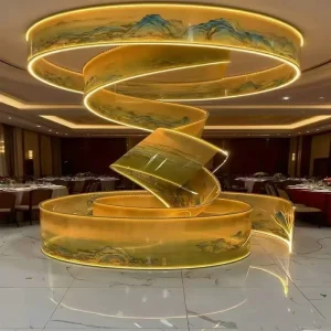 Chinese Landscape Painting Ribbon Chandelier LED Spiral Adjustable Height Pendant Light for Hotel Banquet Hall Museum Villa