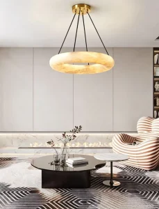 Chinese Light Luxury Round Pendant Chandelier Imported Spanish Alabaster Metal Lamp for Living Room Bedroom and Dining Room
