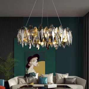 Circle Design LED Pendant Light Luxury Smoke Gray Stainless Steel Crystal Glass Chandeliers Lamp