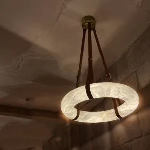 Circular Marble Pendant Lamp Modern Nordic Brass Ceiling Fixture Alabaster Chandelier Light for Living Room Height Adjustable