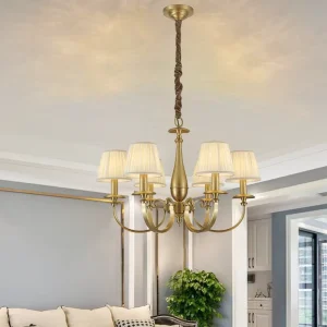 Classic American Gold Chandelier with Fabric Lampshade 6 Heads Indoor Pendant Light for Living Room & Bedroom